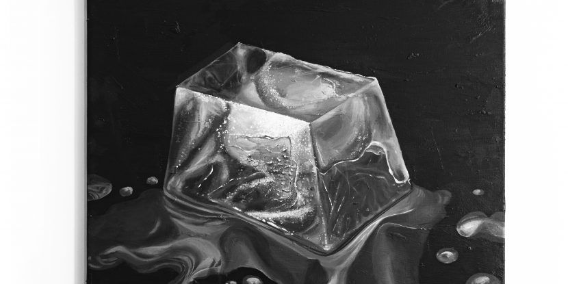A painting depicting a ice cube melting on a black background.